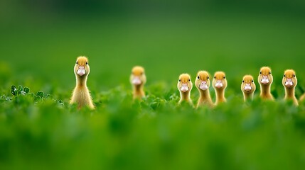 A group of yellow ducklings standing and looking toward the camera in a field of vibrant green