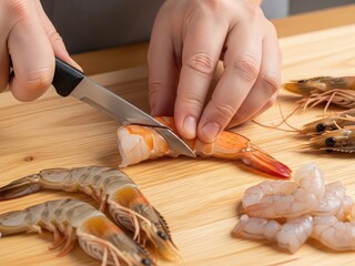 Obraz premium Chef prepares fresh shrimp by deveining and deseeding on a wooden cutting board
