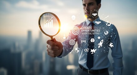 Businessman Inspecting Digital Growth Opportunities with Magnifying Glass Over Cityscape.