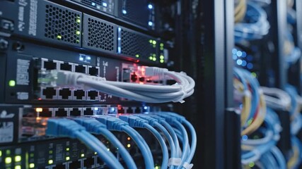 A close-up of networking equipment in a data center with glowing lights. - Powered by Adobe