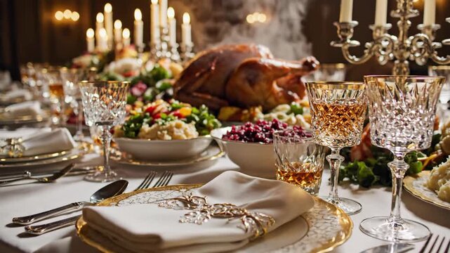 Steam rising from roast turkey on an elegant holiday dinner table with candles. Traditional festive meal setup for celebration.