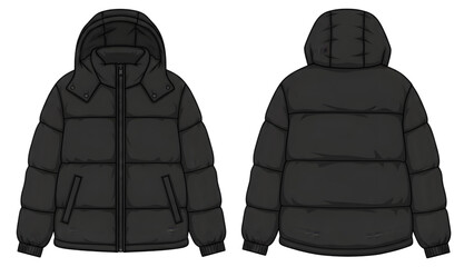 Black puffer jacket with hood front and back view technical flat sketch for fashion design isolated on transparent background
