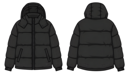 Black puffer jacket with hood front and back view technical flat sketch for fashion design isolated on transparent background