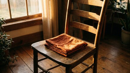 Empty Hijab Neatly Folded on Wooden Chair in Warm Golden Hour Window Light 
