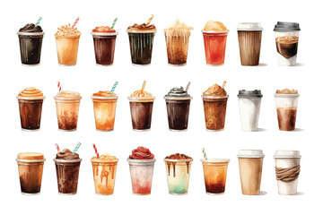 Set of Hand-Painted Watercolor Coffee Cups, Mugs and Espresso Drinks. Artistic Cafe Beverage Clipart Collection for Branding, Packaging, Invitations, Digital Products and Craft Designs