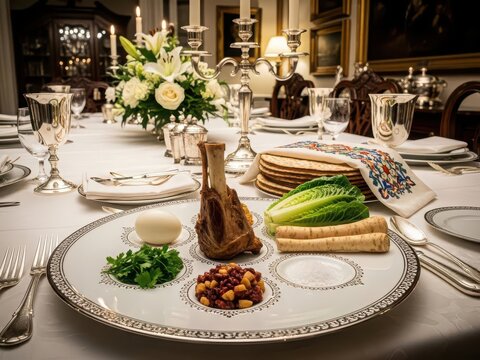 Elegant passover seder plate with traditional foods and ornate candelabra on table