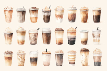 Set of Hand-Painted Watercolor Coffee Cups, Mugs and Espresso Drinks. Artistic Cafe Beverage Clipart Collection for Branding, Packaging, Invitations, Digital Products and Craft Designs