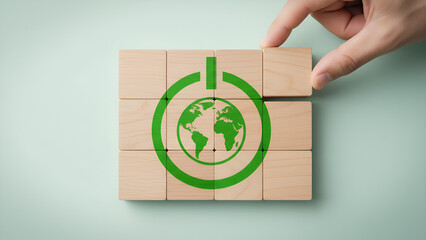 Eco Globe on Wooden Blocks: Sustainable Message, Green World Concept

