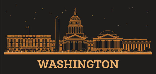 Outline Washington DC Skyline with orange Buildings. Illustration. Business Travel and Tourism Concept with Historic Buildings. Washington DC Cityscape with Landmarks.