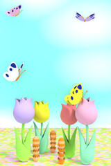 蝶が舞うお花畑のペーパークラフト風3DCG縦長風景