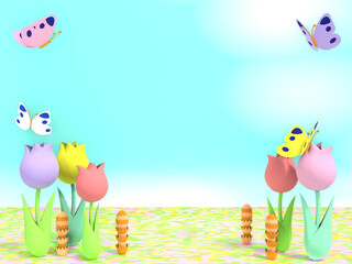 蝶が舞うお花畑のペーパークラフト風3DCG風景