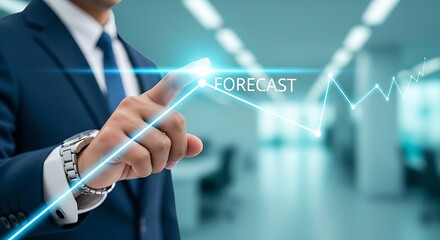 Man in suit touching glowing forecast graph on futuristic screen business finance