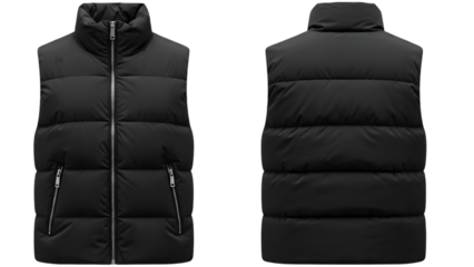 Black puffer vest front and back view isolated on transparent background