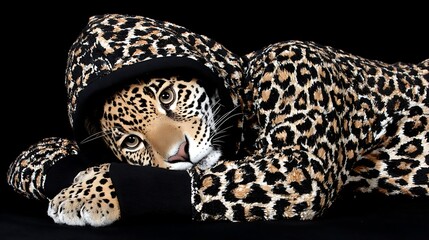 A human covered in a cheetah patterned hooded suit, looking directly at the viewer
