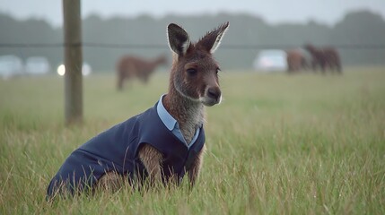 A kangaroo wearing a formal suit sits in a field, with a fence and other animals blurred in the background