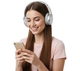PNG. young woman listening to music. close up of beauty young woman with smartmobile and headphone on transparent background.