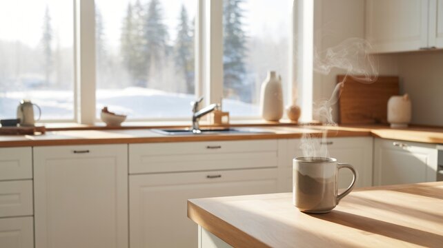 Cozy kitchen with steaming cup on wooden countertop by window