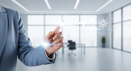 Woman in blue suit touching holographic interface with digital icons in office hand finger
