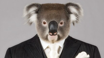 A koala's head on a person's body wearing a suit and tie, against a gray background