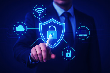 Businessman touching shield security icon on digital interface
