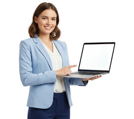 PNG. young businesswoman with laptop. close up of young business woman with laptop isolated on transparent background.