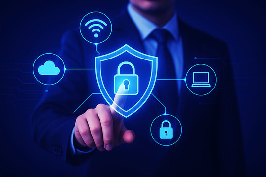 Businessman touching shield security icon on digital interface - Powered by Adobe