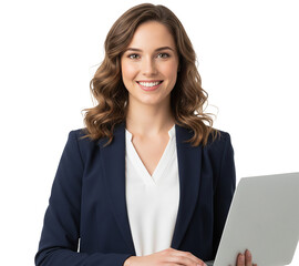 PNG. young businesswoman with laptop. close up of young business woman with laptop isolated on transparent background.