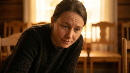 Concerned look in wooden hall — empathy, resilience and real-life struggle