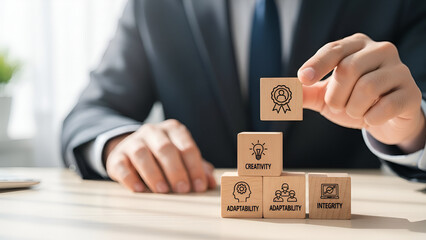 Growth and Innovation Block Stacking: Business Strategy Concept with Icon Blocks
