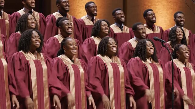 A vibrant choir performing joyfully on stage in rich robes.