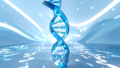 3D rendering of translucent blue DNA double helix with blurred light reflections in background