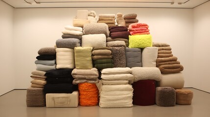 A large, irregular stack of textured, varied-colored cushions and blankets in a stark, white room