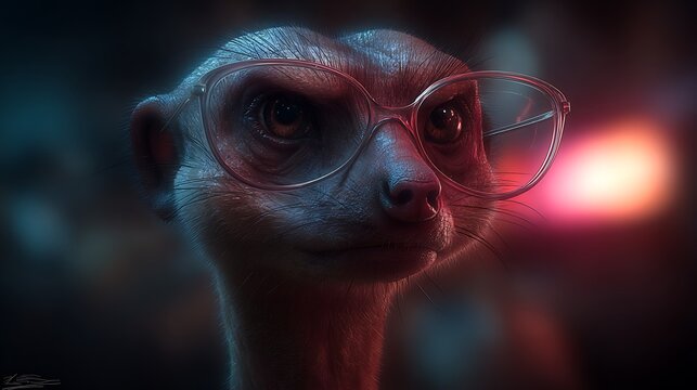 A meerkat with glasses in a dimly lit, colorful setting, peering at the viewer - Powered by Adobe