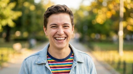 Smiling young man with short hair wearing a denim jacket and colorful striped shirt stands in a sunlit park, surrounded by greenery, radiating joy and positivity in a vibrant atmosphere