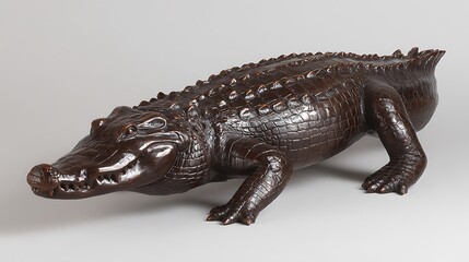 A lifelike brown statue of an alligator in a studio setting. It's walking, textured, detailed