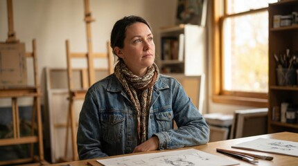 Female artist in denim jacket and scarf, seated at a wooden table, surrounded by art supplies and easels, reflecting on creative ideas in a bright studio environment