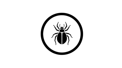A monochrome illustration of an insect silhouette inside a black circle on a white background
