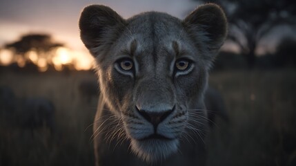 A lioness stares intently from golden-lit savanna at dusk. Other lions are visible in background