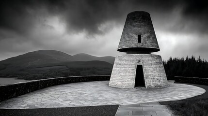 A monochrome shot showcasing an open-air concrete structure atop a stone platform, with moody skies