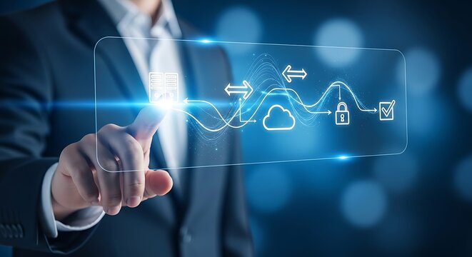 Businessman touches digital screen showing cloud data flow with lock and checkmark hand touching - Powered by Adobe