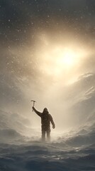 A lone figure raises a tool toward the bright sky atop a snow-covered mountain