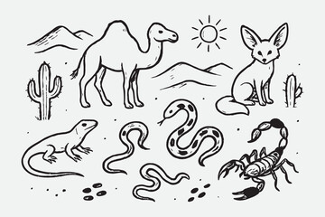 Desert Animals Doodle Pack – Hand-Drawn Wild Creatures & Elements Vector Set