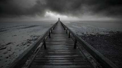 A lone figure walks along a wooden pier extending into the distance under a dramatic, stormy sky
