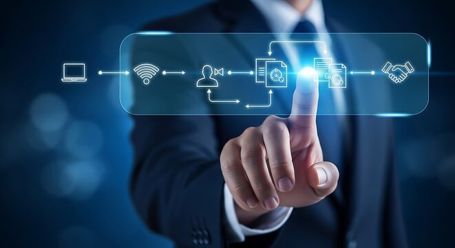 Businessman touching digital interface with workflow icons and handshake technology - Powered by Adobe