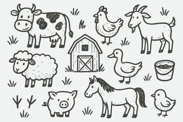 Rustic Farm Animal Doodle Sketch Set in Hand-Drawn Style