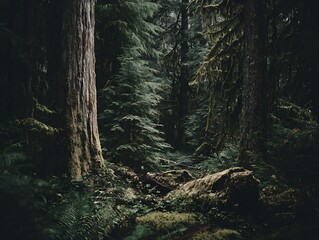 A moody, verdant forest, with sunlight barely touching the ancient trees