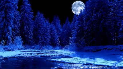 A moonlit, monochromatic scene depicting a snowy forest and a reflective river