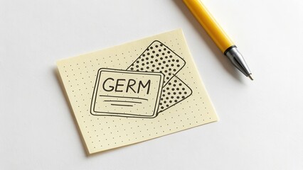 Sticky Note with Germ Drawing and Yellow Pen on White