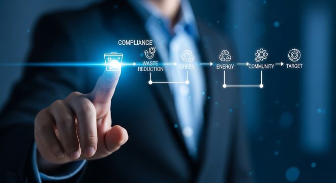 Businessman touching digital screen with compliance workflow icons hand - Powered by Adobe