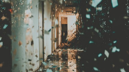A long corridor with an abundance of confetti creating a magical and somewhat chaotic scene
